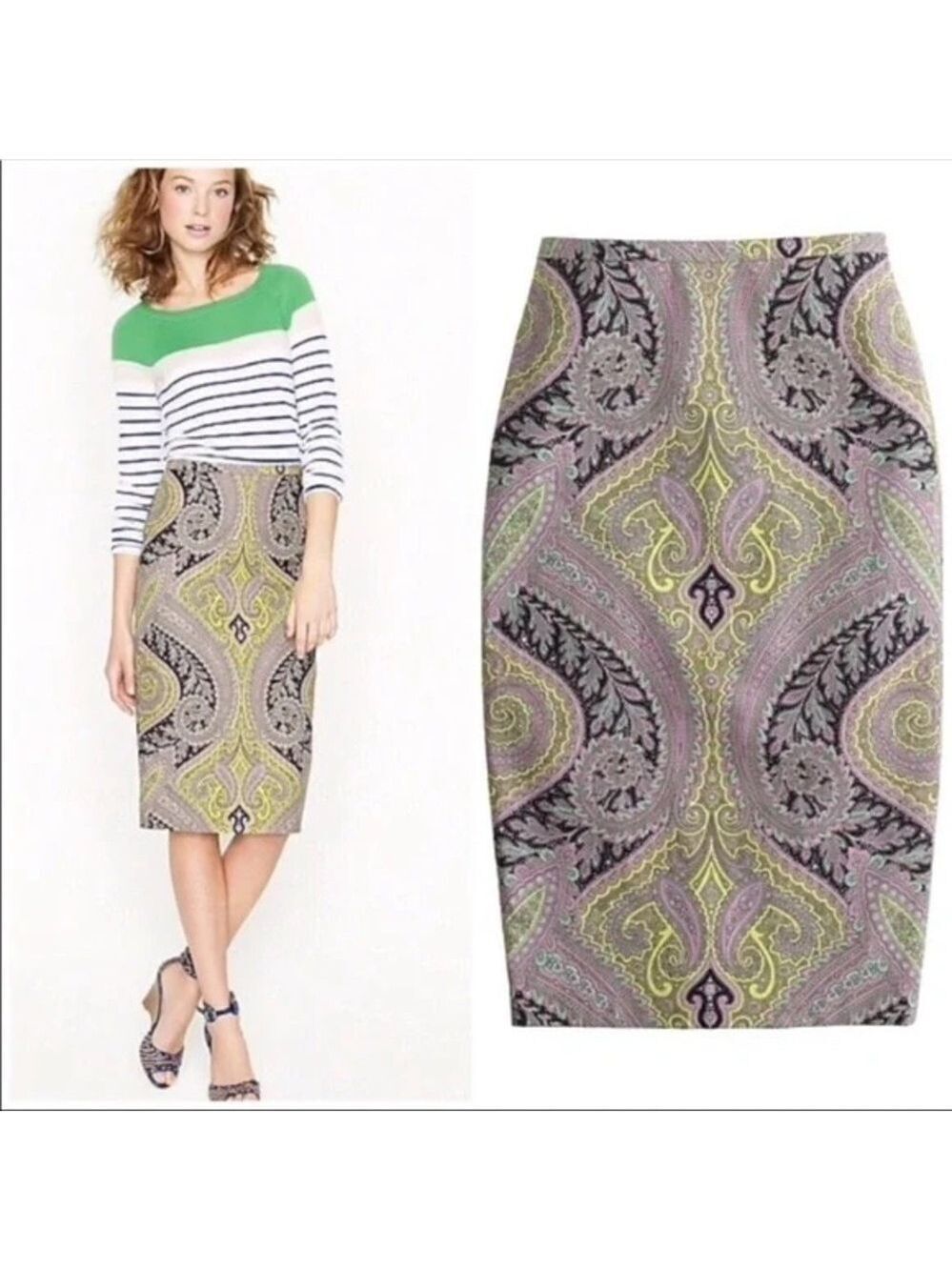 J Crew Sovereign Paisley Pencil Skirt in Purple / Yellow/ Green Sz 2